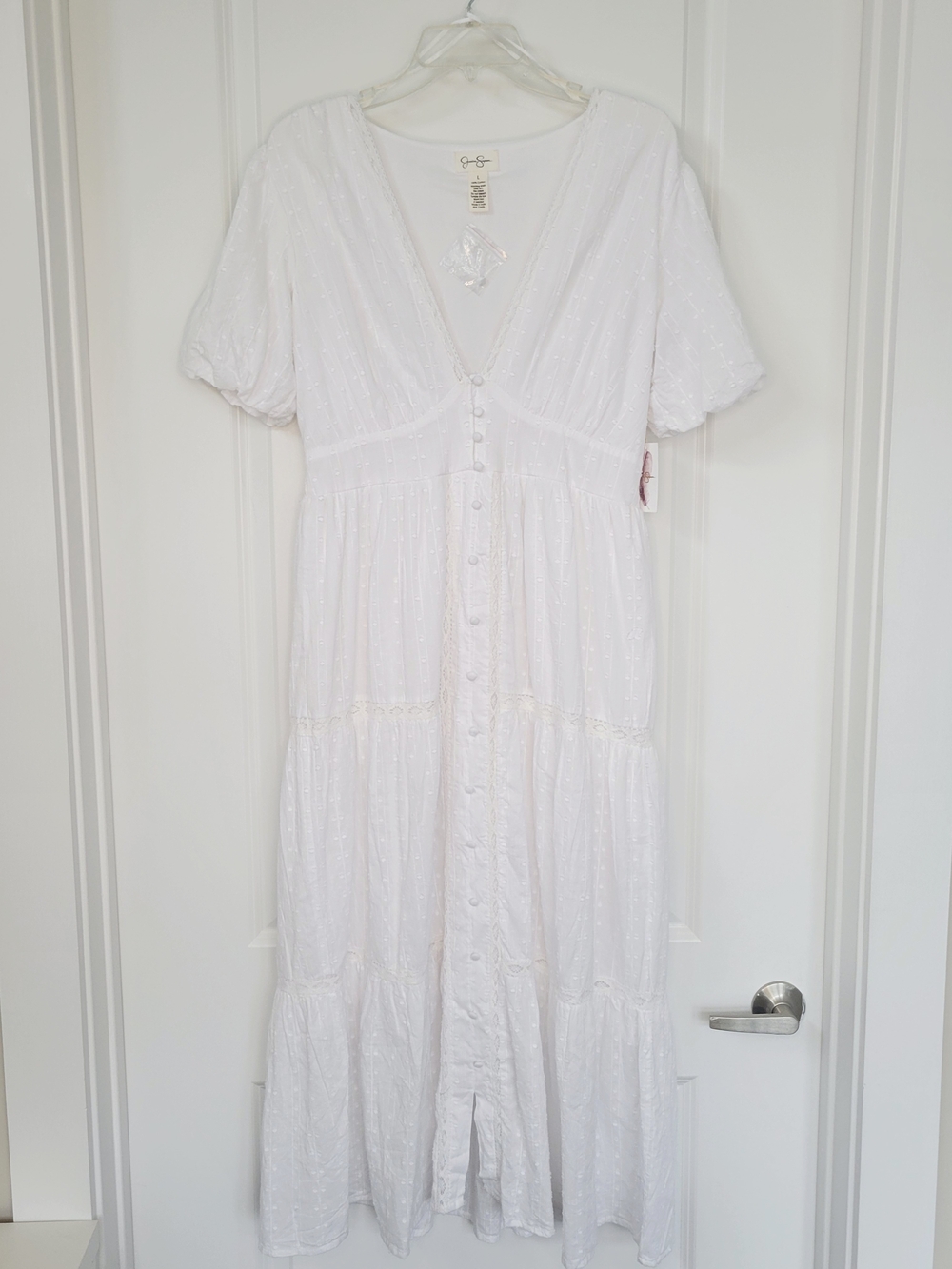 NWT Jessica Simpson 100% Cotton Puff Sleeve Button-Front Midi Dress White L